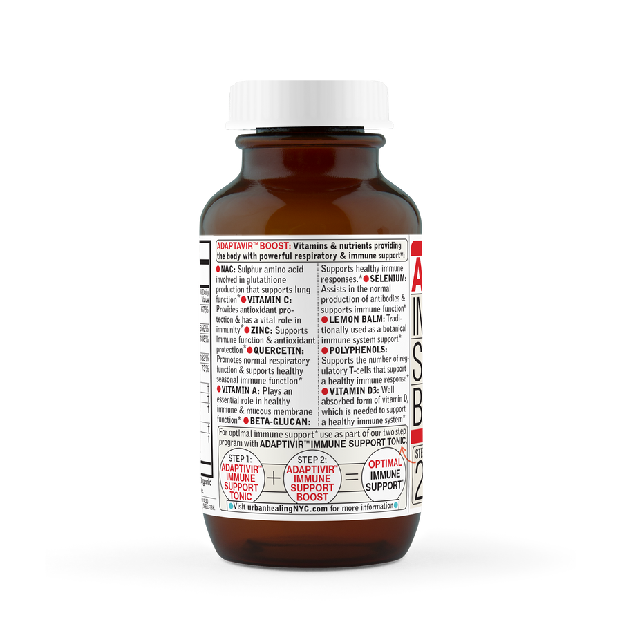 Adaptavir Boost: Vitamins and nutrients providing the body with powerful respiratory and immune support.   Vitamin D3, Zinc, Vitamin C, N.A.C, Quercetin, Vit.A, Selenium, Beta-Glucan, Polyphenols, Lemon Balm *These statements have not been evaluated by the FDA. This product is not intended to diagnose, treat, cure or prevent any disease © UrbanHealing 2020.   For optimal immune support use as part of our two step program with Adaptavir immune support tonic. 