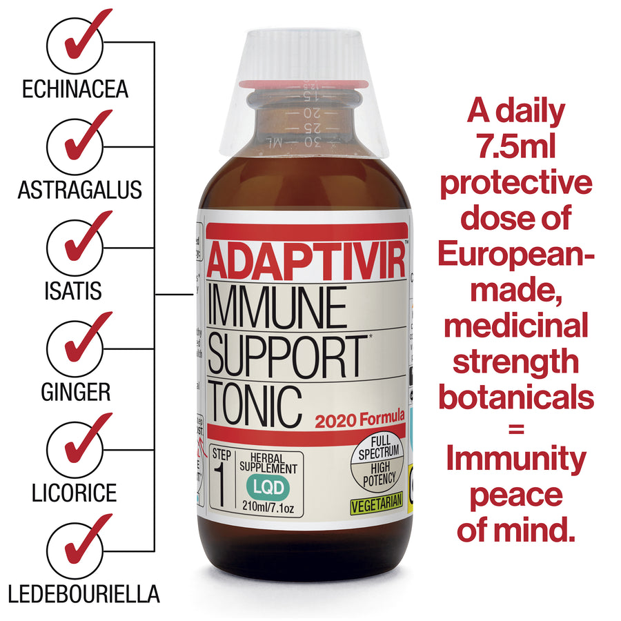 Bottle of Adaptavir Immune Support* Tonic. 2020 formula. Herbal Supplement Liquid. 210ml/7.1 oz. Daily dose, full spectrum, high potency, vegetarian. Step 1 of a 2 step immune support program.  *These statements have not been evaluated by the FDA. This product is not intended to diagnose, treat, cure or prevent any disease © UrbanHealing 2020. Echinacea, astragalus, Isatis, ginger, licorice, ledebouriella.  A daily dose of European-made medicinal strength botanicals = immunity peace of mind.
