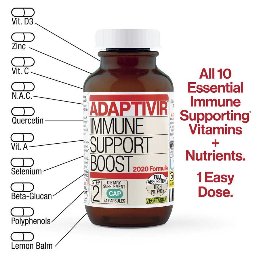 Supplement Capsules. 84 capsules. Full absorption, high potency, vegetarian. Step 2 of a 2 step immune support program.  All 10 essential immune supporting vitamins and nutrients. 1 easy dose. Vitamin D3, Zinc, Vitamin C, N.A.C, Quercetin, Vit.A, Selenium, Beta-Glucan, Polyphenols, Lemon Balm *These statements have not been evaluated by the FDA. This product is not intended to diagnose, treat, cure or prevent any disease © UrbanHealing 2020. 